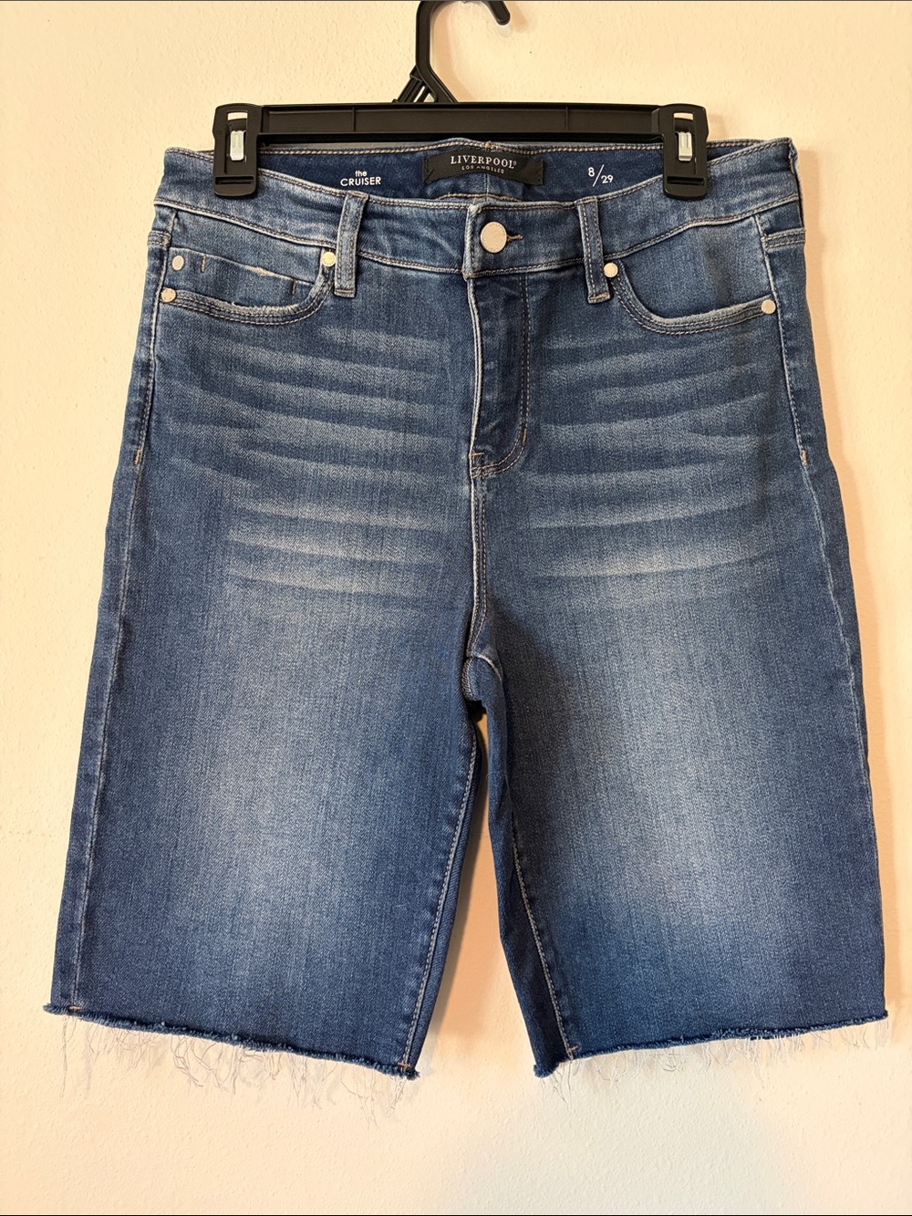 Liverpool Blue Mid Wash Denim Bermuda Shorts with Raw Hem